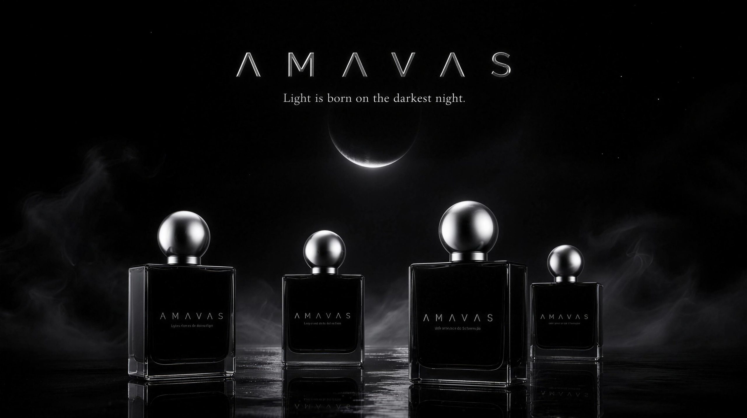 AMAVAS campaign: four black bottles under a crescent moon - Light is born on the darkest night.