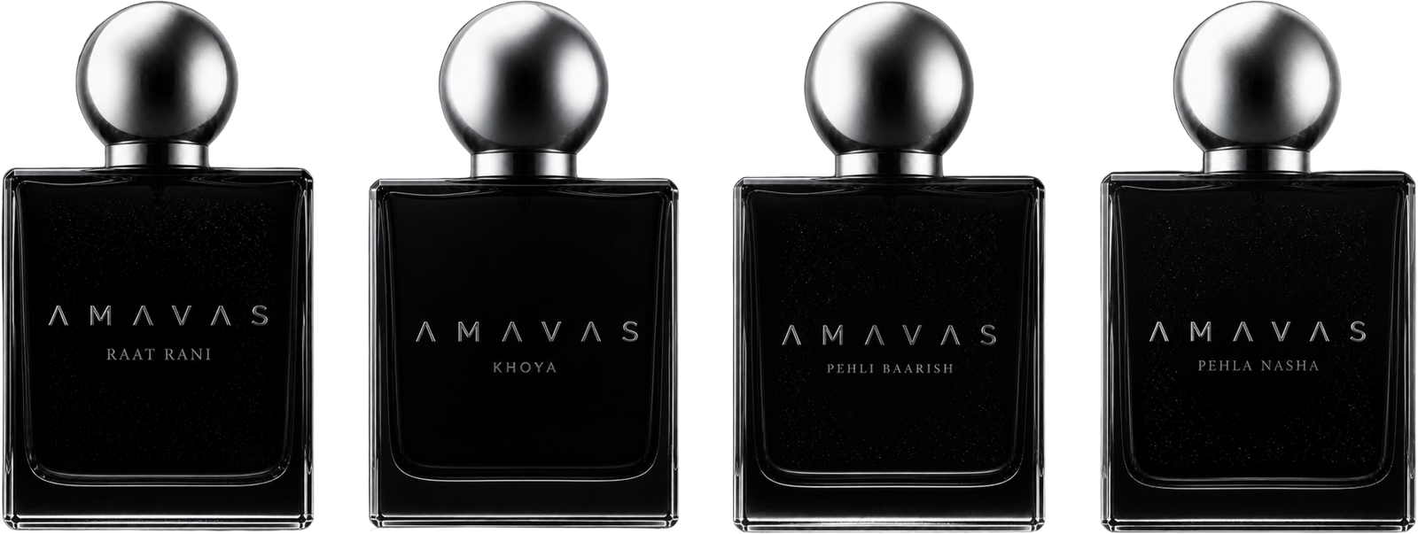 The four AMAVAS bottles: Raat Rani, Khoya, Pehli Baarish, Pehla Nasha