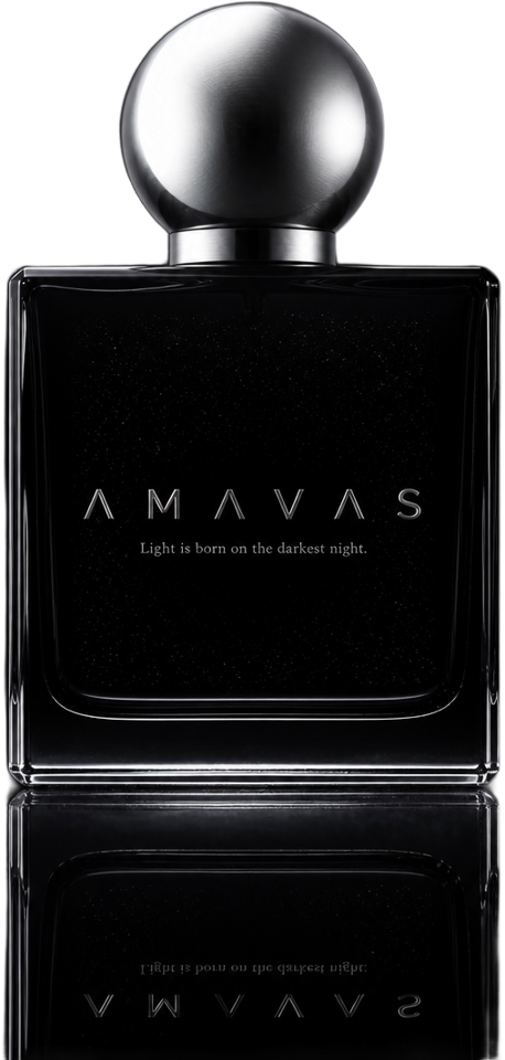 The AMAVAS bottle - black glass with a spherical silver moon cap